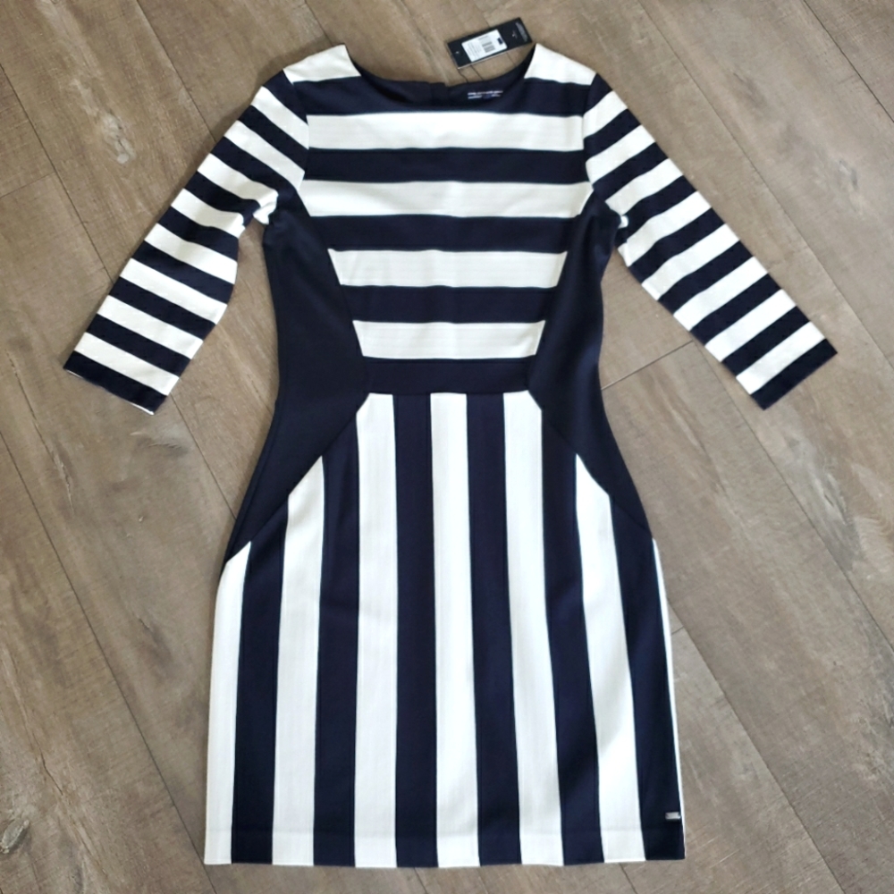 Tommy Hilfiger Navy and White Striped Long Sleeve Sheath Dress